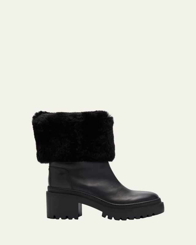 Leather Ankle Boots with Shearling Cuff